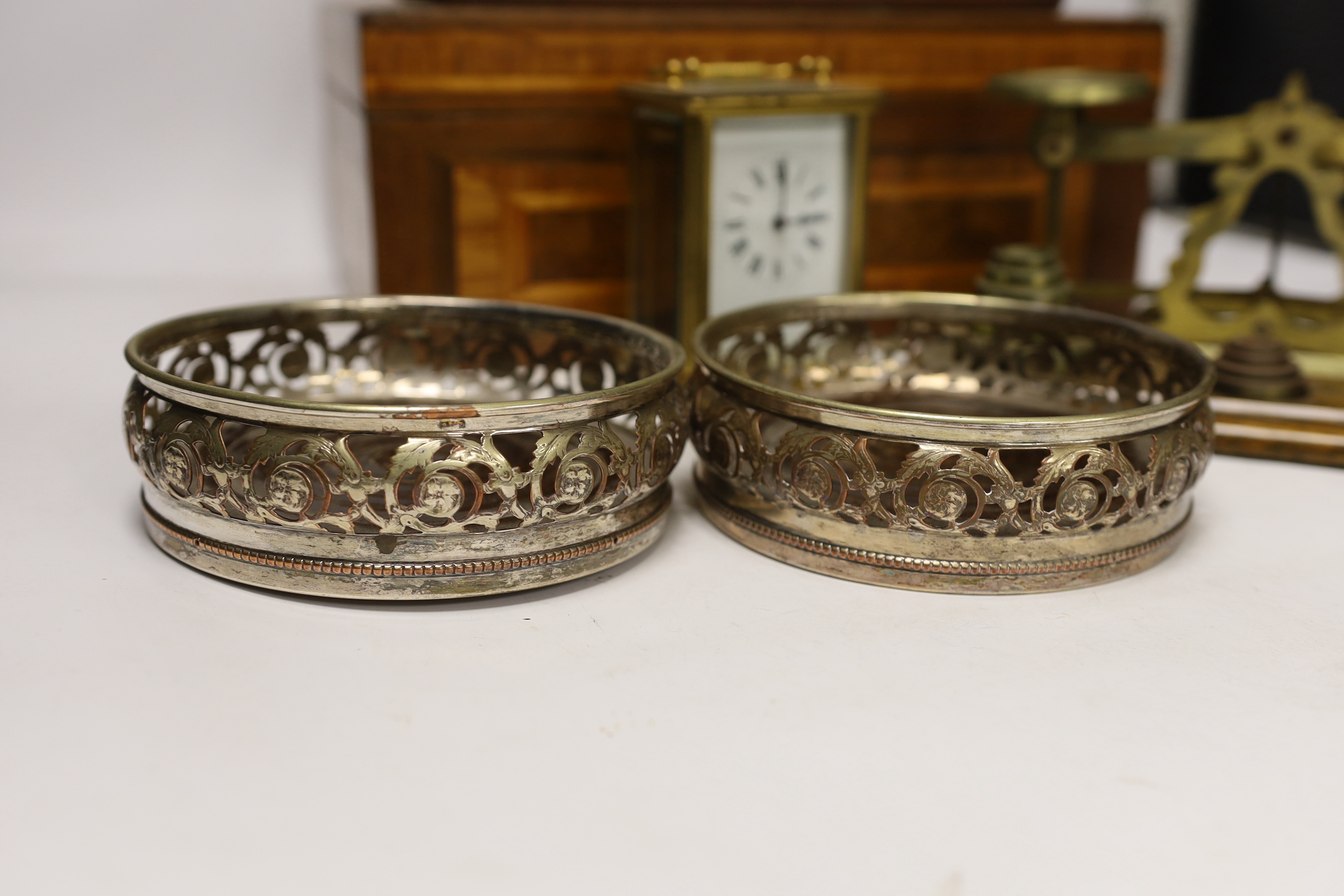 Letter scales and weights, a inlaid box, a carved box, a pair of plated coasters, carriage clock, inlaid box 33cm wide x 13cm high